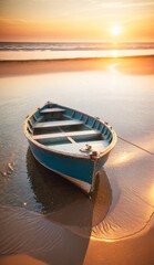 Obraz premium Small vintage boat on beach at summer sunset