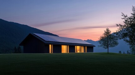Obraz premium Cozy mountain cabin with solar panels at sunset