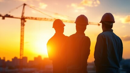 Fototapeta premium construction workers silhouetted against a colorful sunset skyline