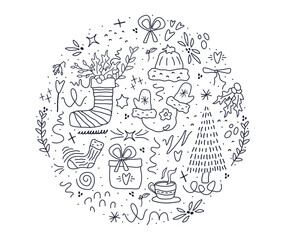 circle  pattern, Fir tree, stars, dots, snow,  line drawing. Holiday design elements are isolated on white background. Simple shape concept for winter season card, party poster, banner, print. vector