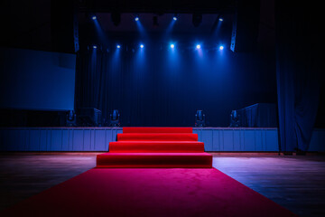 Dramatic scene with a red carpet staircase leading up to a stage, illuminated by blue spotlights....