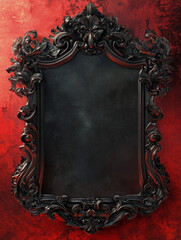 gothic baroque black frame on a red wall background - generative ai