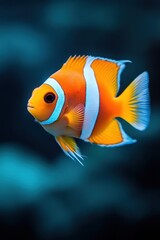 Vibrant orange and white clownfish swimming in a blue underwater scene