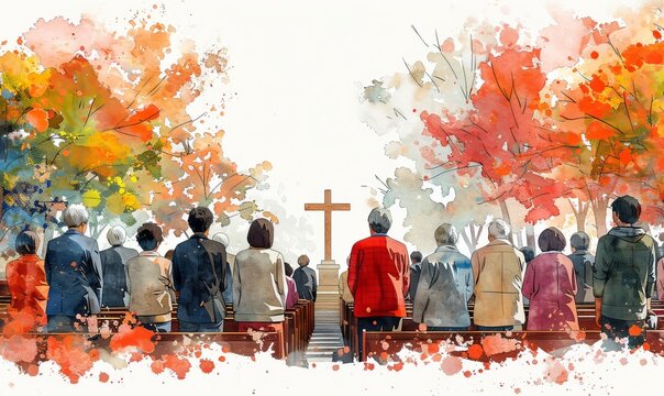 A diverse group of Christians worship together in a tranquil church setting, hands raised in prayer, embodying hope and faith on Good Friday amidst a vibrant background - Powered by Adobe