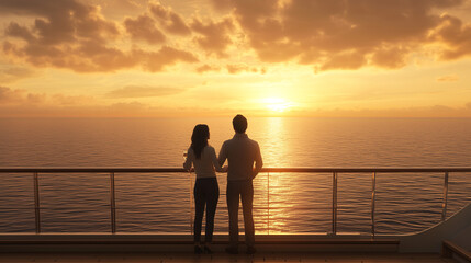 Fototapeta premium Romantic Sunset on Cruise Ship: Couple Embracing on Deck, Watching Golden Horizon Over Serene Ocean Waters. Image made using Generative AI