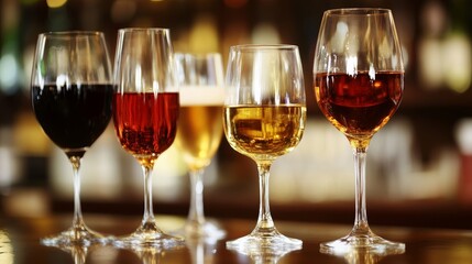 Naklejka premium This image shows elegant wine glasses filled with a wide variety of alcoholic drinks, each one showcasing its distinct hue and clarity against a warm background.