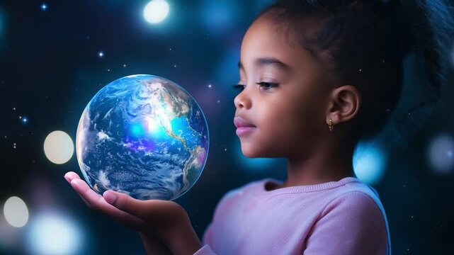 A black girl expresses fascination while holding a luminous globe, illuminating her dreams and aspirations amid a cosmic backdrop