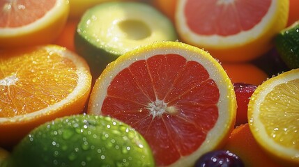 A vibrant assortment of fresh citrus fruits soaking in water with droplets, highlighting their colors and textures in a sunlit setting