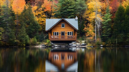 Fototapeta premium Tranquil lakeside cabin nestled in a dense forest, with a calm lake mirroring the vibrant autumn colors of the surrounding trees. An idyllic retreat offering serene natural beauty and reflection.