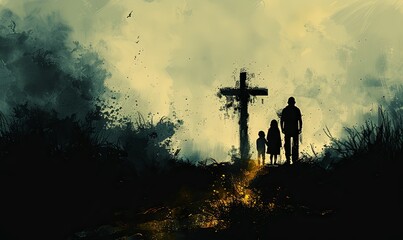 A touching moment unfolds as parents and children gather to pray together on a softly illuminated road, inspired by the cross of Jesus Christ and the light of faith
