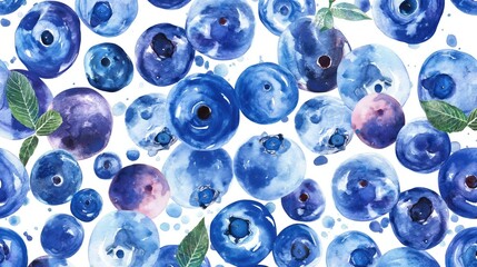 Blueberries pattern on a white background. Blueberries are painted in watercolor.