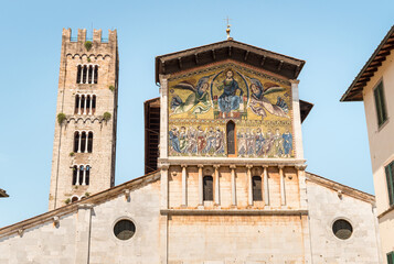 Facade of Basilica of San Frediano in old town Lucca, Tuscany, Italy