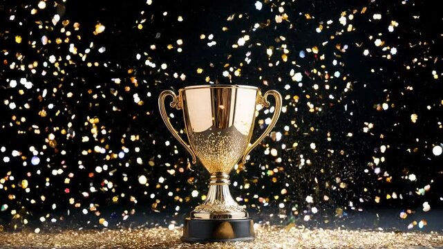 A gleaming golden trophy stands proudly as colorful confetti bursts around it, symbolizing triumph and celebration