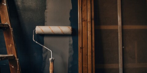 Dark Blue Wall Being Painted with Roller

