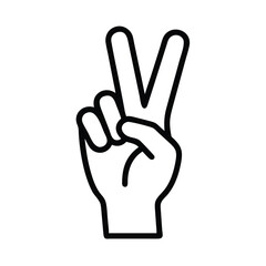Black Outline Peace Hand Gesture Icon, Simple black outline of a hand making the peace or victory sign, ideal for minimalist designs and symbolic representations.
