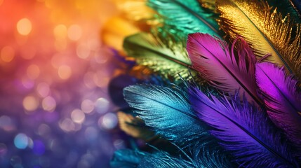 Colorful feathers shimmer in vibrant hues against a bokeh background, creating a lively and festive atmosphere