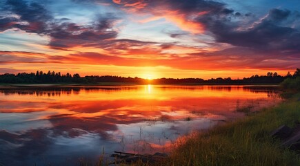 Obraz premium sunset over the ocean, sunset over the sea, fantastic sunset scene over the ocean, sun reflection on the lake, golden time