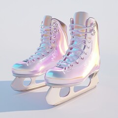 3D illustration of a pair of pastel iridescent ice skates with a soft pink and purple sheen, isolated on a white background, evoking a dreamy and modern aesthetic