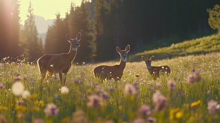 Tranquil mountain meadow featuring grazing deer amidst blooming wildflowers, with a distant forest providing a scenic backdrop