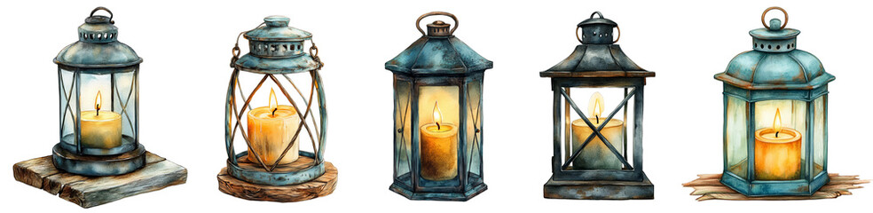 Vintage lanterns set glowing candles rustic design transparent background