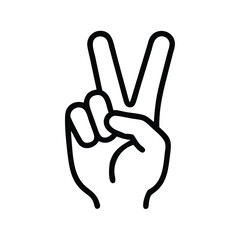 Black Outline Peace Hand Gesture Icon, Simple black outline of a hand making the peace or victory sign, ideal for minimalist designs and symbolic representations.
