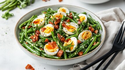 Fresh green bean salad topped with hard-boiled eggs and crispy bacon, served in a bowl on a clean countertop