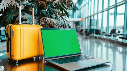 A laptop site next to a yellow suitcase, showcases blank green screen, perfect for travel website promotion, at a bright airport setting