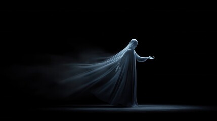 Ghostly figure shrouded in flowing white fabric against a dark background