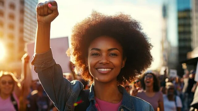 A black woman raises her fist in unity during a peaceful demonstration in a city, surrounded by supporters advocating for change and human rights