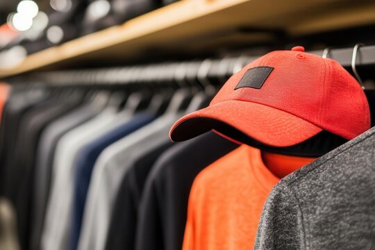 A vibrant red cap stands out amongst various dark-colored shirts, showcasing a stylish and contemporary clothing display in a retail environment.