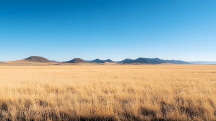 Vast open plains with golden grass swaying in the wind, under a clear blue sky, with a distant mountain range creating a picturesque backdrop.