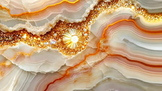 A close-up of agate with golden glitter and pearls