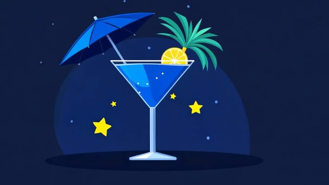A blue cocktail with a lemon wedge and a palm frond under a blue umbrella against a dark blue night sky with yellow stars