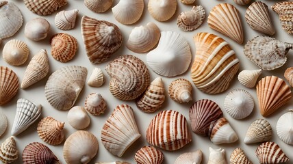 "A set of different seashells in neutral colors, on a white background."
