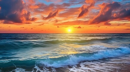 Naklejka premium sunset over the ocean, sunset over the sea, fantastic sunset scene over the ocean, sun reflection on the lake, golden time