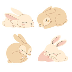 Cute set of sleeping bunnies, flat vector illustration in kids style, white background . Vector illustration