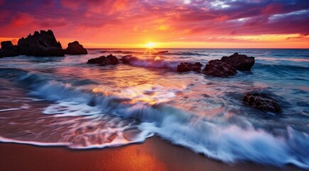 Obraz premium sunset over the ocean, sunset over the sea, fantastic sunset scene over the ocean, sun reflection on the lake, golden time