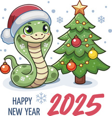 Happy New Year 2025 Card with Cute Snake in Santa Hat and Christmas Tree isolated on white background
