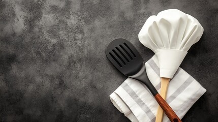 A classic chef's hat paired with a black spatula placed on a striped kitchen towel, representing culinary skills and the art of cooking with elegance and style.