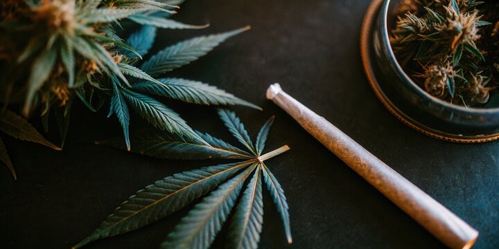 Cannabis Pre-Roll with Buds and Leaves on Black Surface