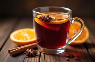 Hot drink in glass cup, with orange slices, cinnamon sticks, star anise nearby, dark wooden background in warm tone