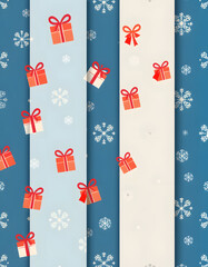 Fototapeta premium Christmas seamless patterns collection. Vector set of winter holiday background swatches. Cute modern abstract textures with snowflakes, gifts, scandinavian nordic ornament. Blue colored repeat desi