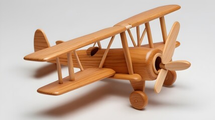 "A wooden toy airplane, shown on a white background."



