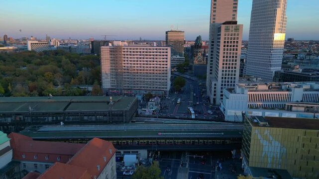 Berlin station zoologischer garten, sunset. Lovely aerial view flight drone