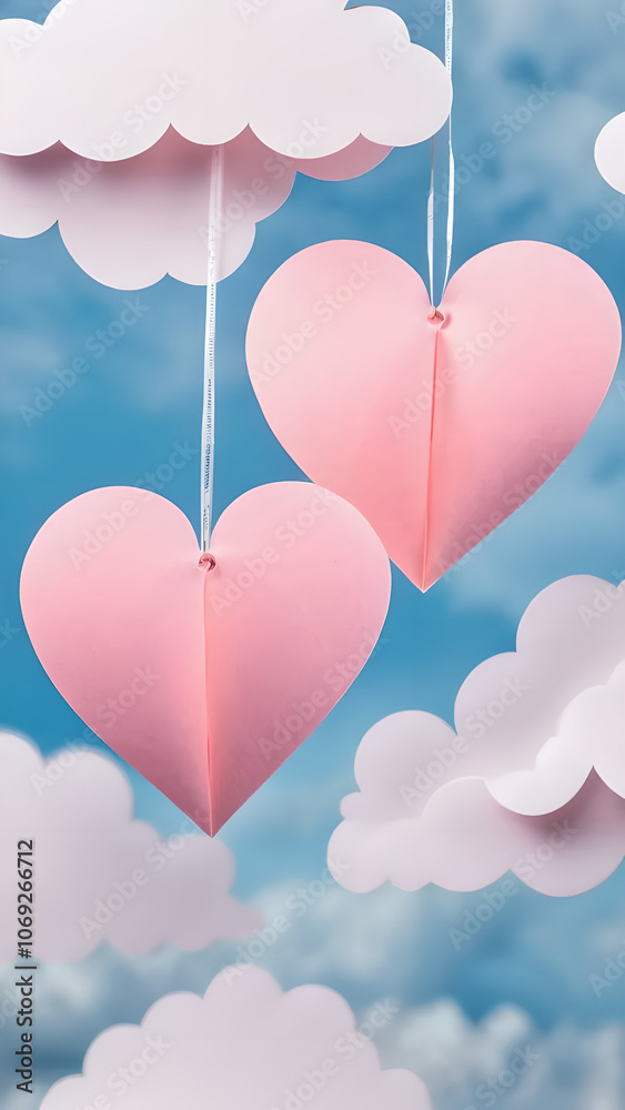 Poster two hearts hanging from a string in the sky