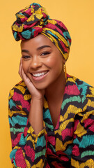 A joyful Black woman with a vibrant headwrap and colorful outfit smiles against a bright yellow background, exuding confidence and style.