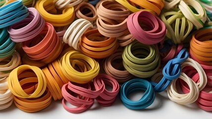 "Multi-colored rubber bands stacked in different shapes, on a white background."

