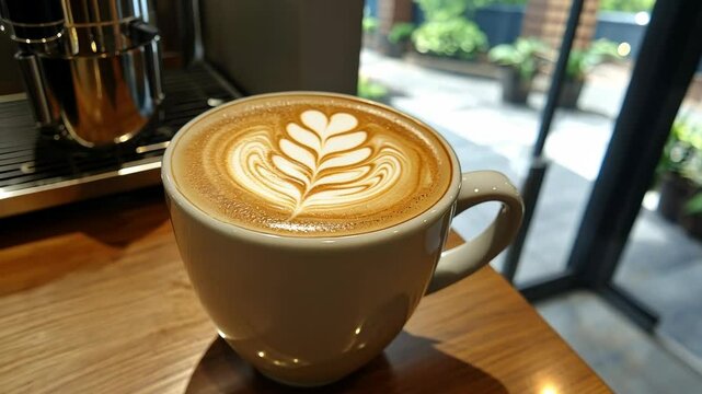 A perfectly crafted latte with latte art, ready to be enjoyed in a cafe setting