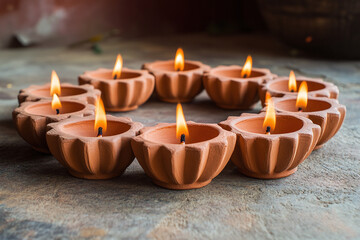 small clay diyas arranged in a semicircle and lit.