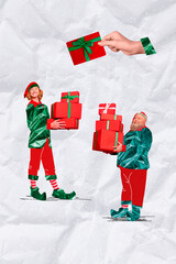 Vertical collage image of big arm fingers hold present mini funky elf guys pile stack giftbox...